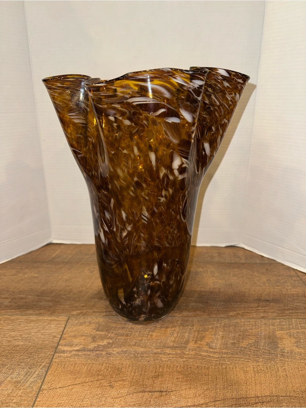 Large Amber Brown Art Glass Vase Ruffled Rim Hand Blown Style 15”